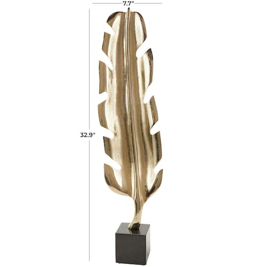 33" Gold Aluminum Bird Feather Sculpture with Black Marble Base